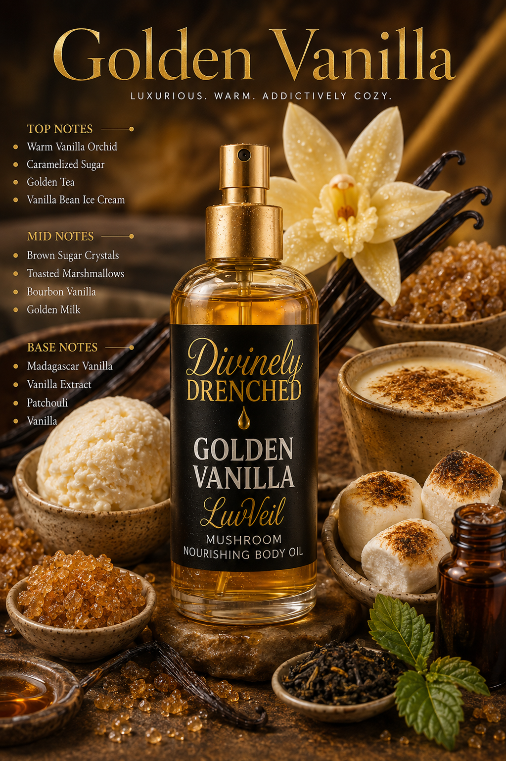 Golden Vanilla 🍨 🍵🧋☕️🍰🧁🍦LuvVeil Mushroom Nourishing Body Oil