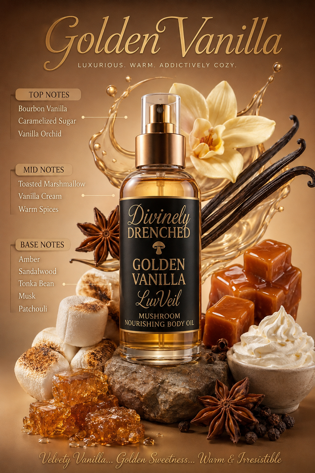 Golden Vanilla 🍨 🍵🧋☕️🍰🧁🍦LuvVeil Mushroom Nourishing Body Oil