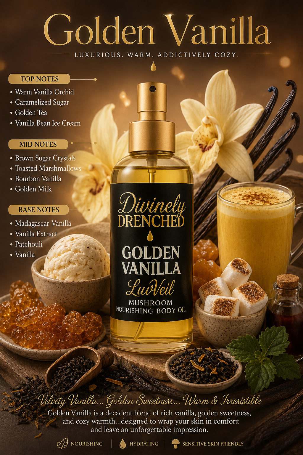 Golden Vanilla 🍨 🍵🧋☕️🍰🧁🍦LuvVeil Mushroom Nourishing Body Oil