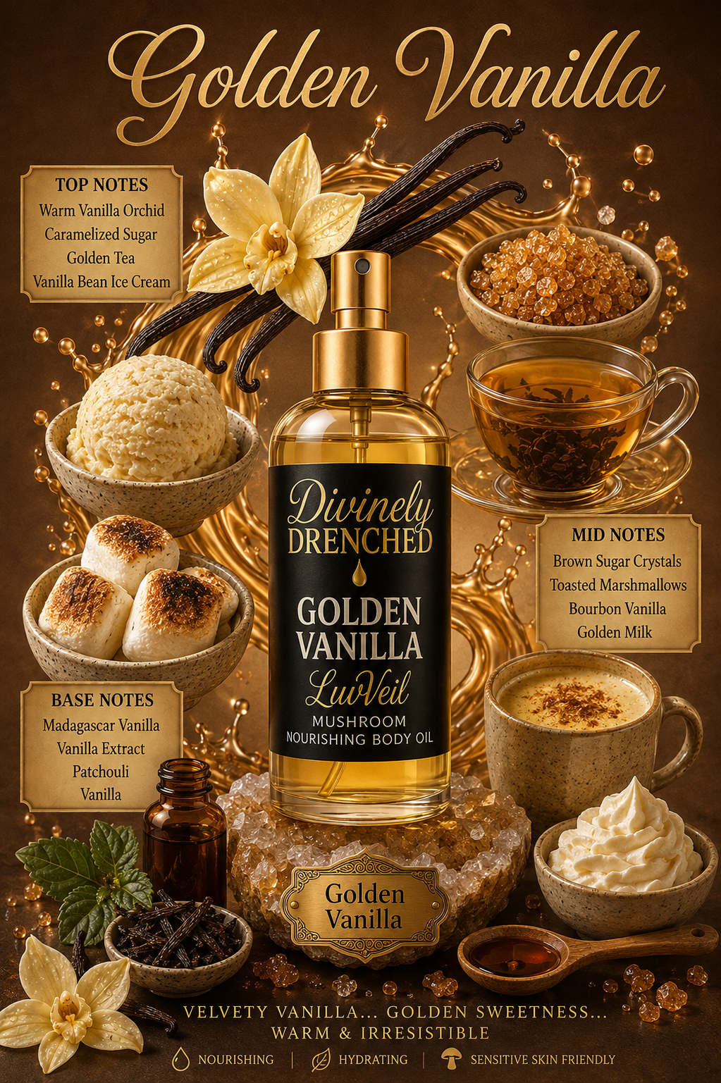 Golden Vanilla 🍨 🍵🧋☕️🍰🧁🍦LuvVeil Mushroom Nourishing Body Oil
