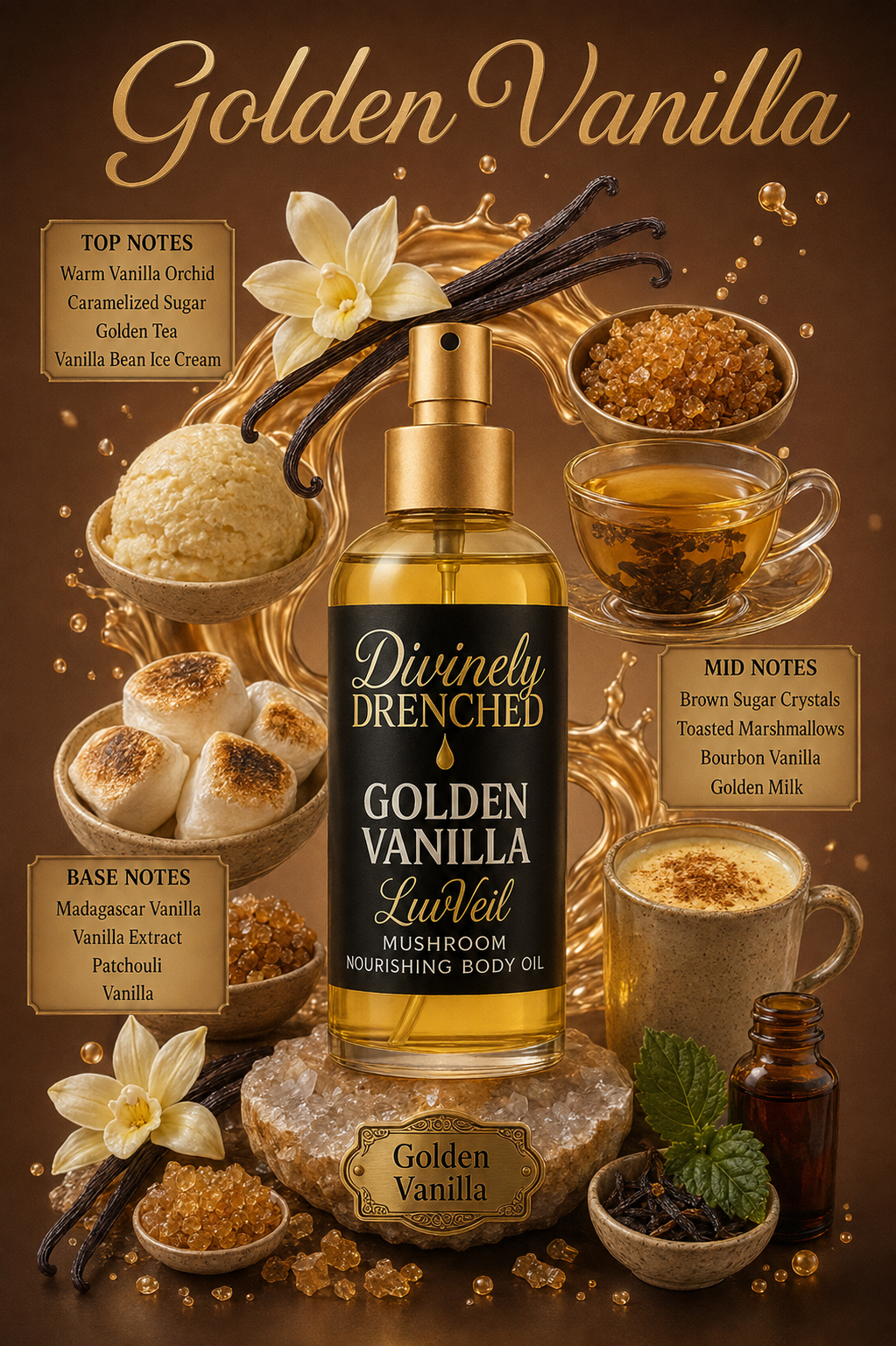 Golden Vanilla 🍨 🍵🧋☕️🍰🧁🍦LuvVeil Mushroom Nourishing Body Oil